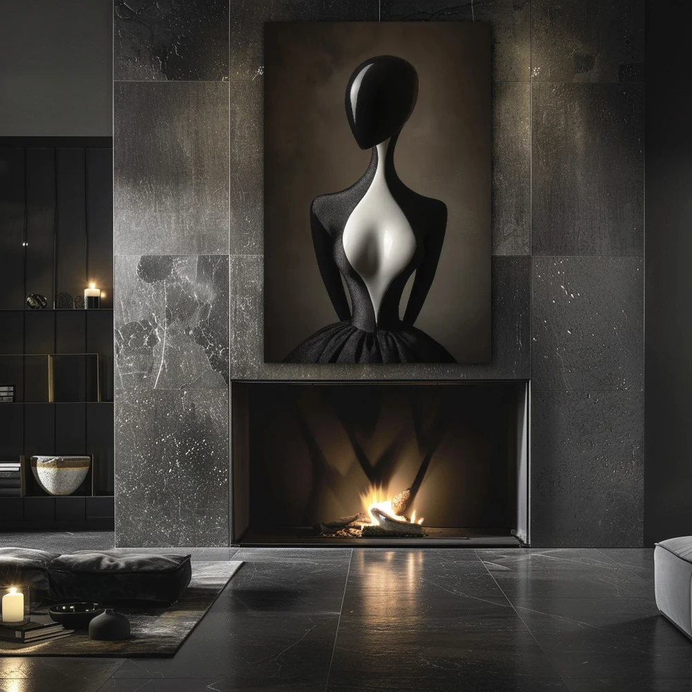 Wall Art titled: Effigy of Elegance in a Vertical format with: white, Grey, and Black Colors; Decoration the Fireplace wall