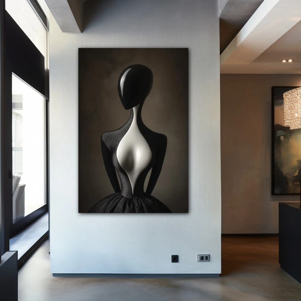 Wall Art titled: Effigy of Elegance in a Vertical format with: white, Grey, and Black Colors; Decoration the Entryway wall