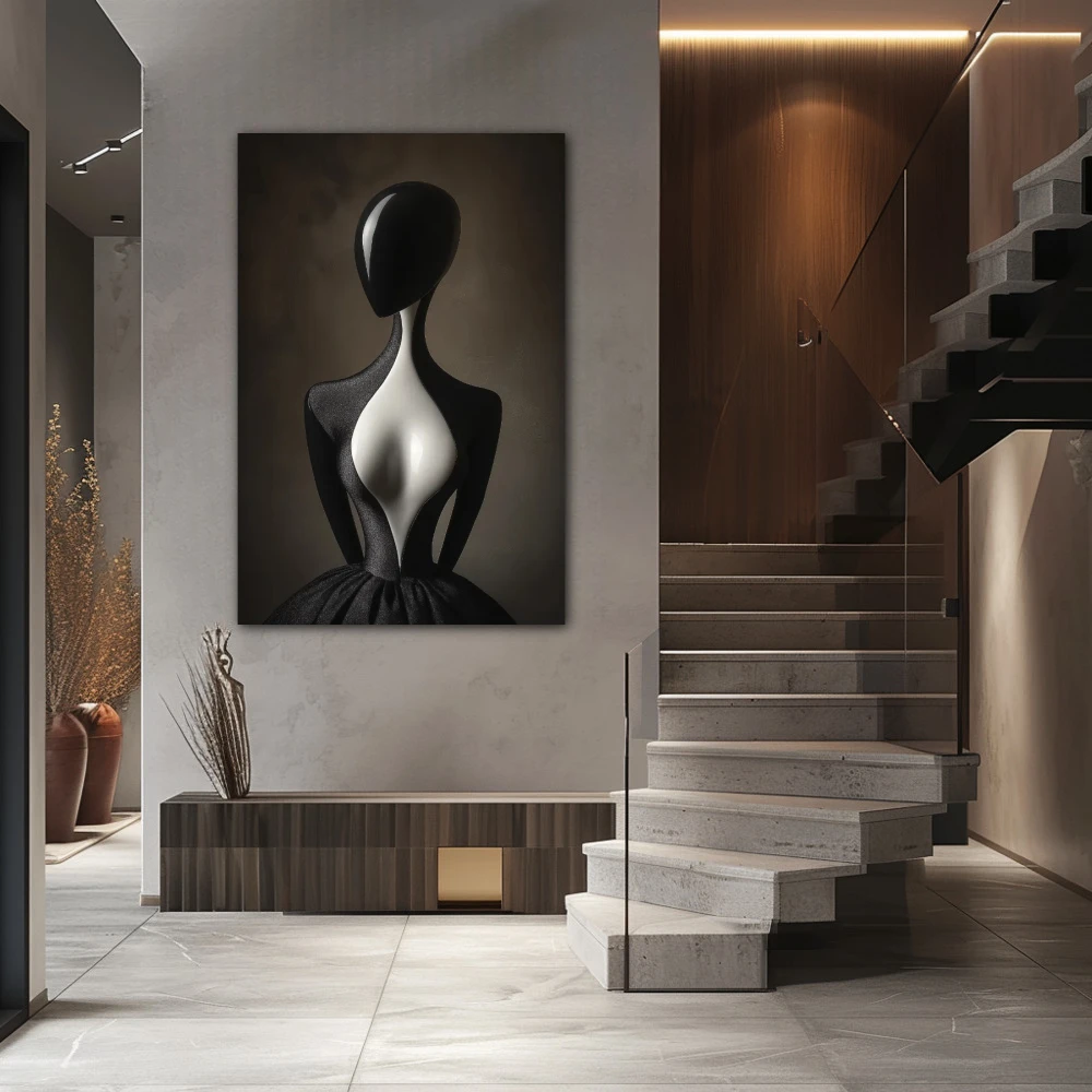 Wall Art titled: Effigy of Elegance in a Vertical format with: white, Grey, and Black Colors; Decoration the Staircase wall