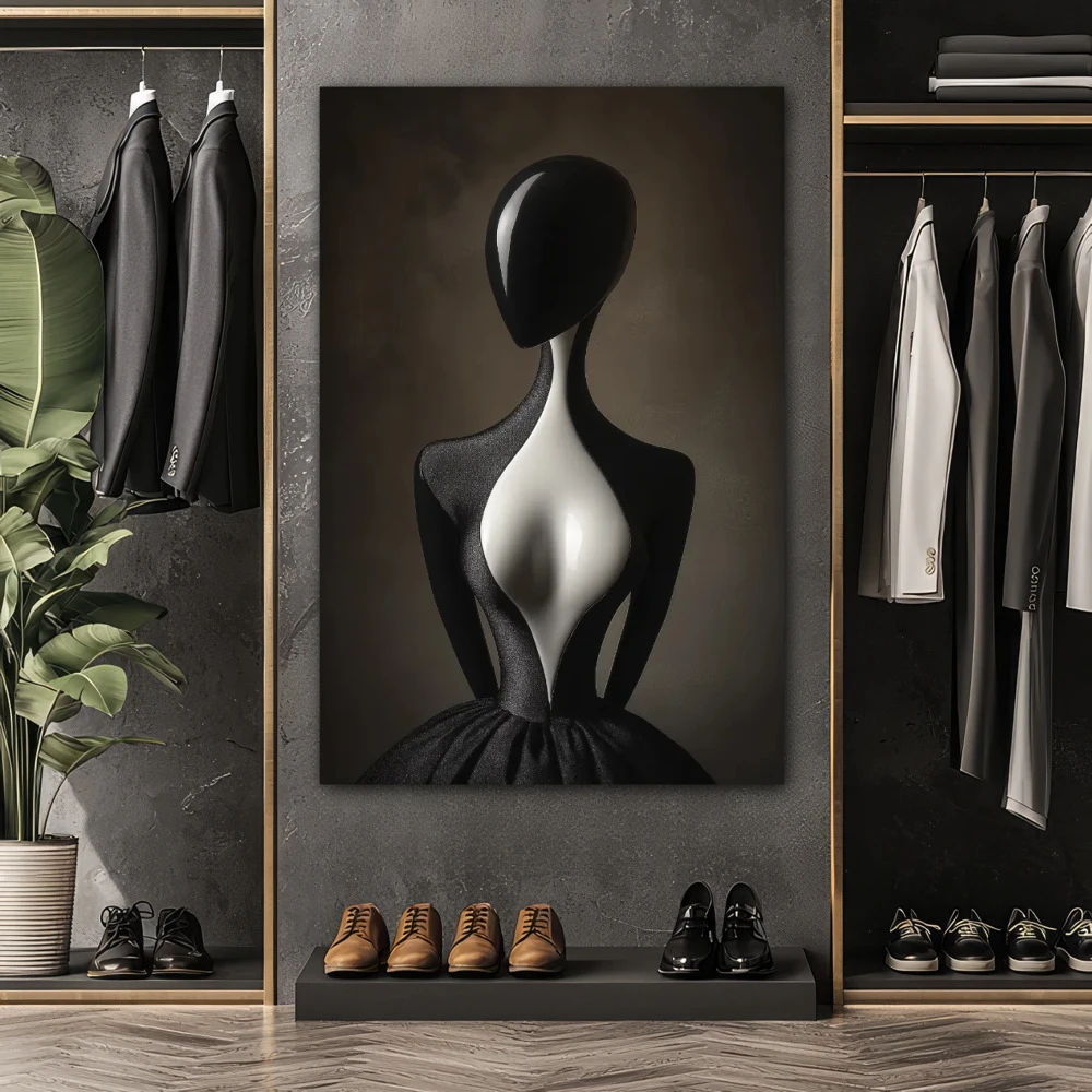 Wall Art titled: Effigy of Elegance in a Vertical format with: white, Grey, and Black Colors; Decoration the Dressing Room wall