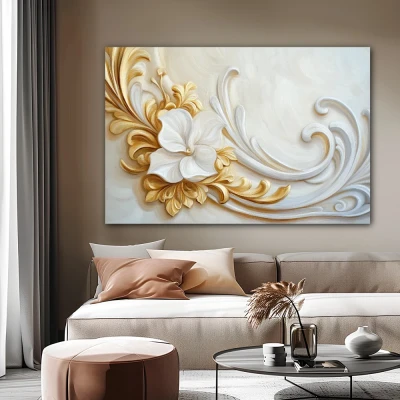 Wall Art titled: Echoes of the Rococo in a  format with: white, and Golden Colors; Decoration the Beige Wall wall