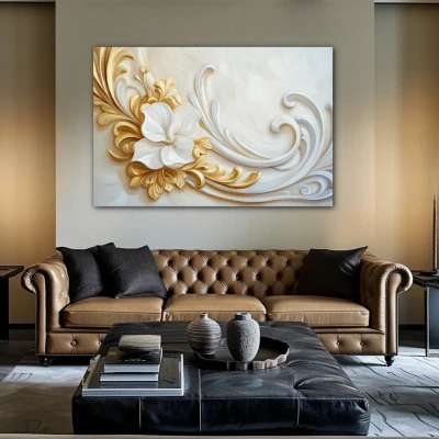 Wall Art titled: Echoes of the Rococo in a  format with: white, and Golden Colors; Decoration the Above Couch wall