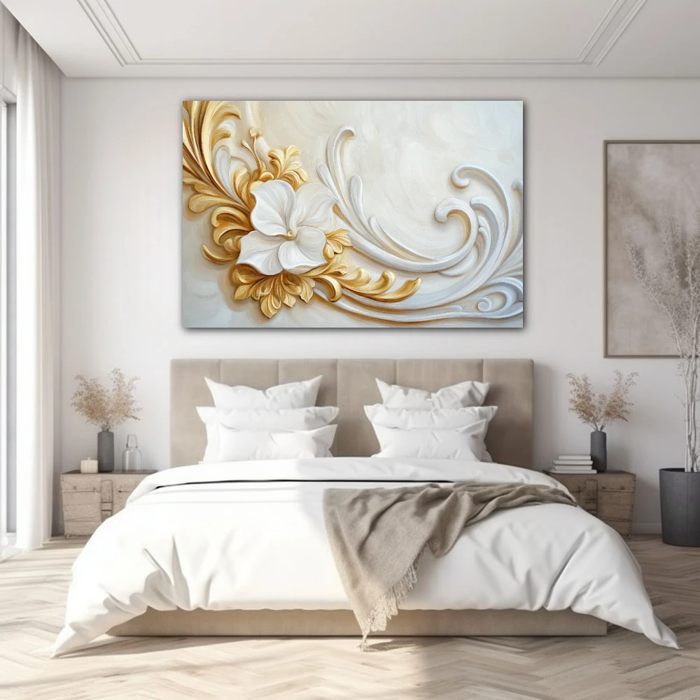 Wall Art titled: Echoes of the Rococo in a Horizontal format with: white, and Golden Colors; Decoration the Bedroom wall