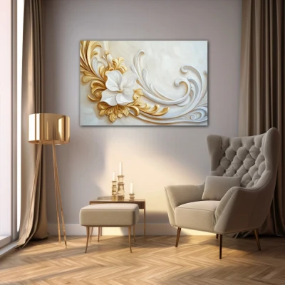 Wall Art titled: Echoes of the Rococo in a  format with: white, and Golden Colors; Decoration the Living Room wall