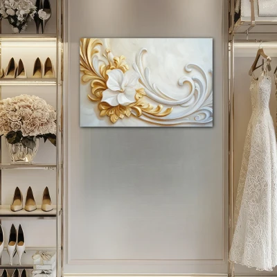 Wall Art titled: Echoes of the Rococo in a Horizontal format with: white, and Golden Colors; Decoration the Dressing Room wall