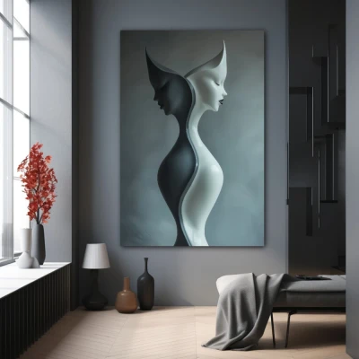 Wall Art titled: Duality of the Soul in a Vertical format with: Blue, white, and Grey Colors; Decoration the Grey Walls wall