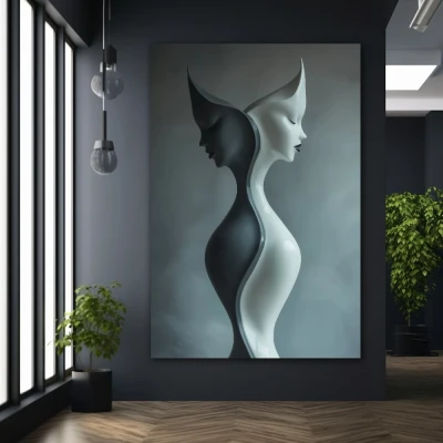 Wall Art titled: Duality of the Soul in a  format with: Blue, white, and Grey Colors; Decoration the Black Walls wall