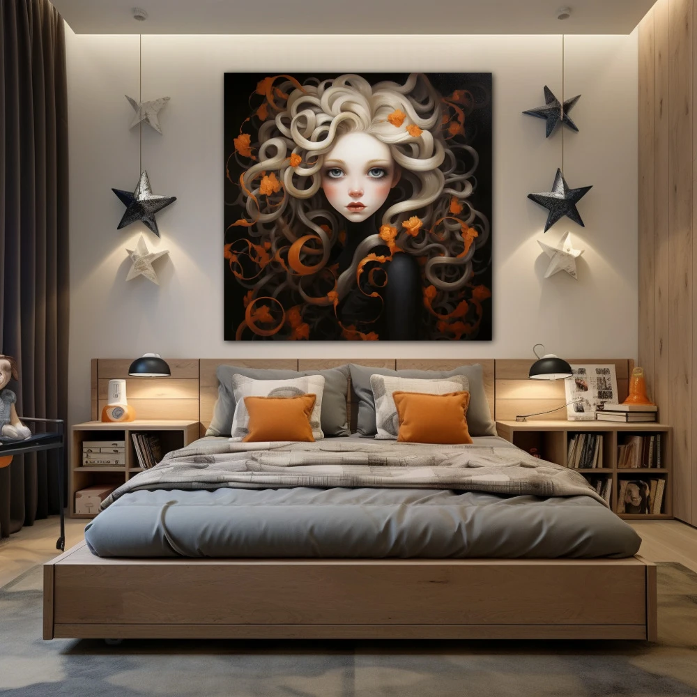 Cuadro aeterna iuventus en formato cuadrado con colores blanco, naranja; decorando pared de dormitorio juvenil