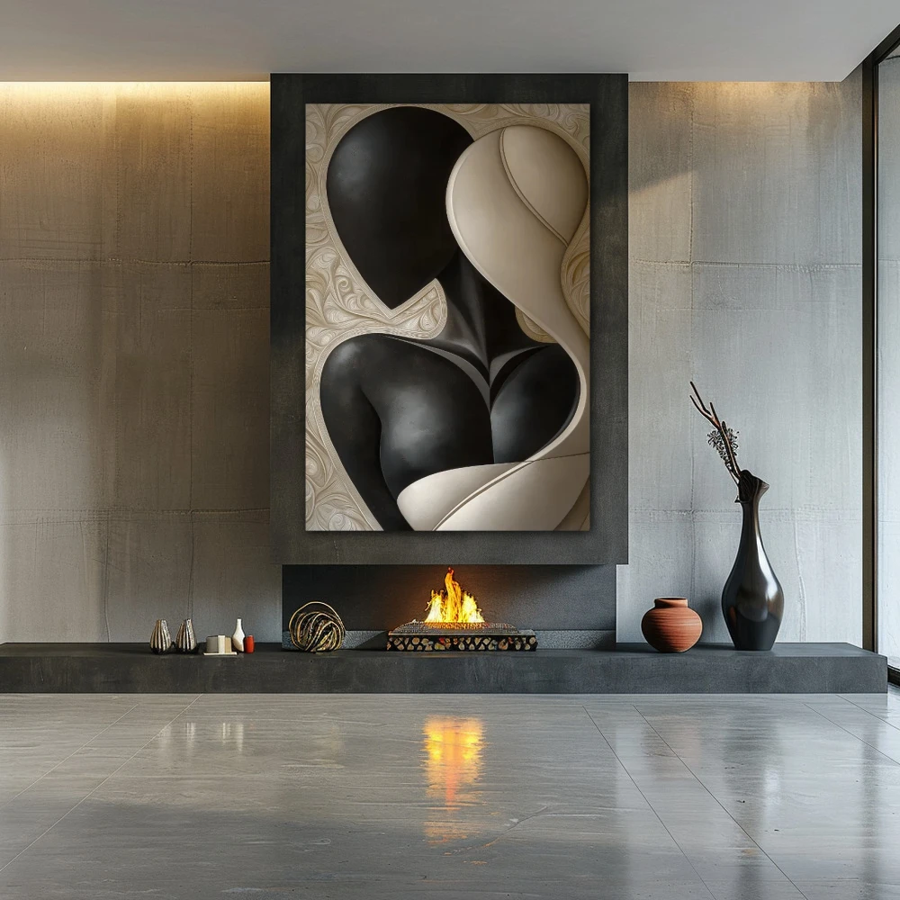 Wall Art titled: Between Shadows and Lights in a Vertical format with: Black, and Beige Colors; Decoration the Fireplace wall