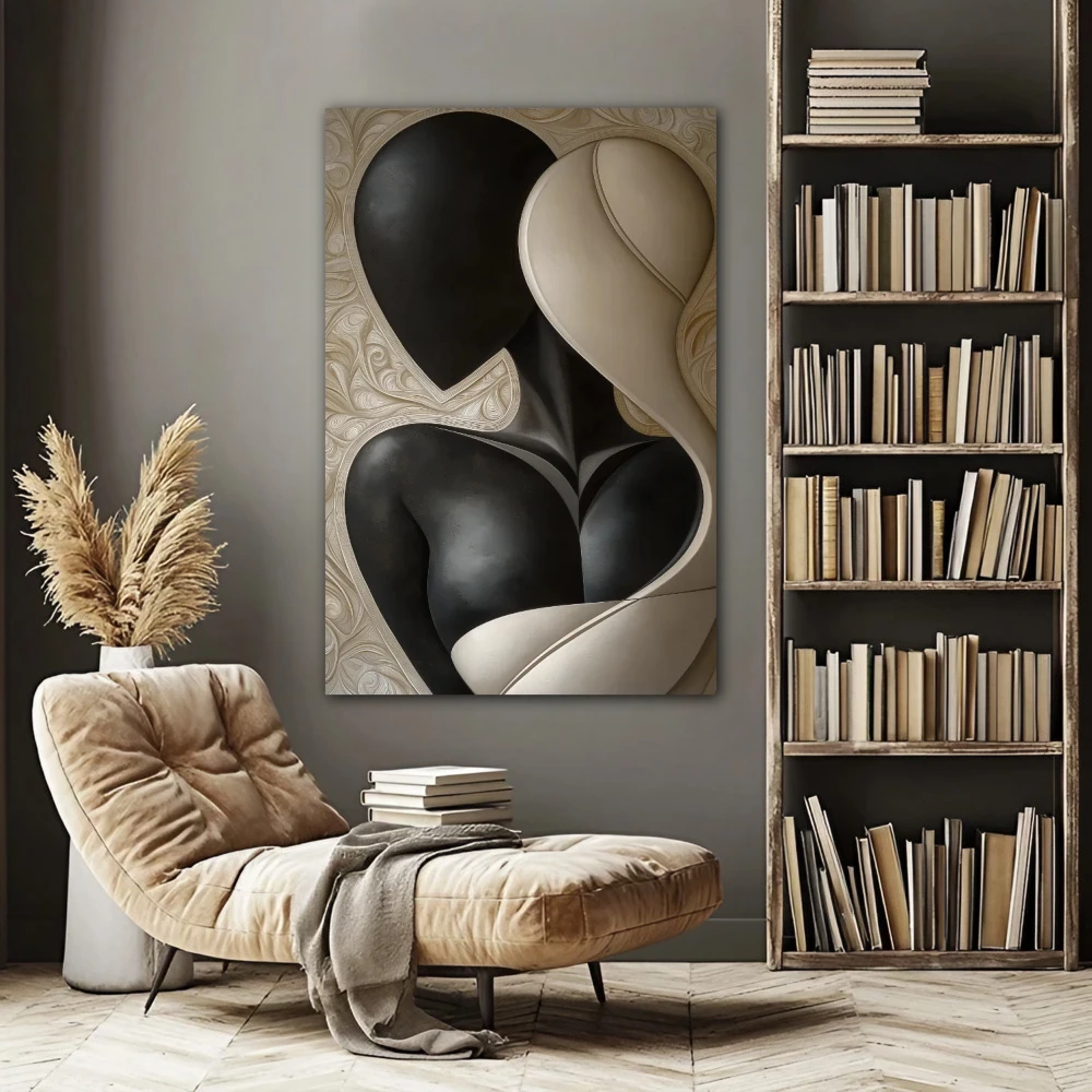 Wall Art titled: Between Shadows and Lights in a Vertical format with: Black, and Beige Colors; Decoration the Living Room wall