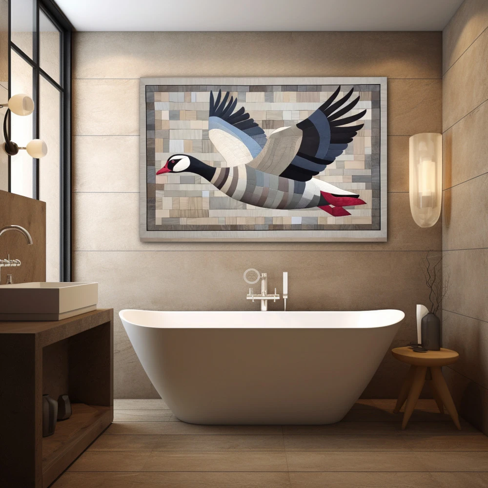 Wall Art titled: Silent Migration in a Horizontal format with: Blue, and Grey Colors; Decoration the Bathroom wall