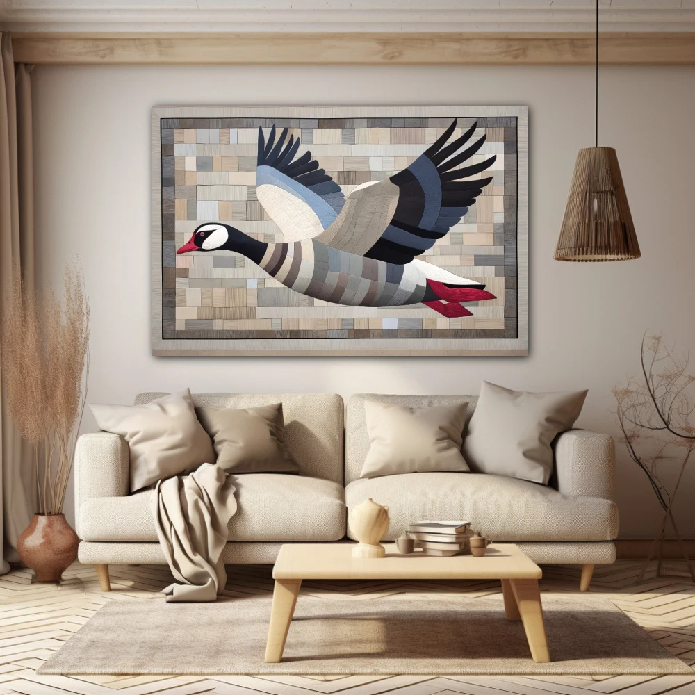 Wall Art titled: Silent Migration in a Horizontal format with: Blue, and Grey Colors; Decoration the Beige Wall wall