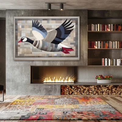 Wall Art titled: Silent Migration in a Horizontal format with: Blue, and Grey Colors; Decoration the Fireplace wall