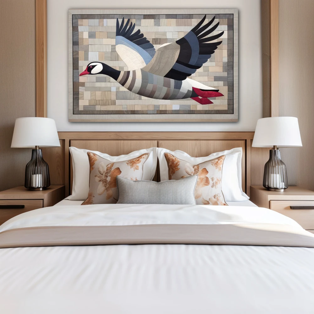 Wall Art titled: Silent Migration in a Horizontal format with: Blue, and Grey Colors; Decoration the Bedroom wall