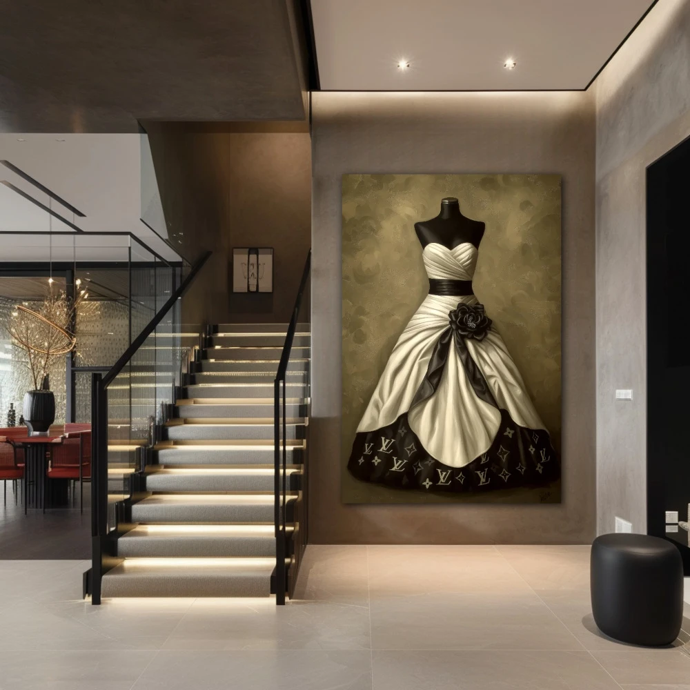 Wall Art titled: Vestiges of Lusso in a Vertical format with: white, and Brown Colors; Decoration the Staircase wall