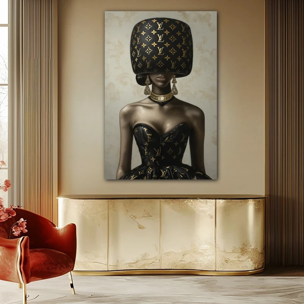 Wall Art titled: Masked Glamour in a Vertical format with: and Brown Colors; Decoration the Sideboard wall