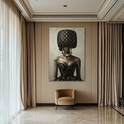 Wall Art titled: Masked Glamour in a Vertical format with: and Brown Colors; Decoration the Beige Wall wall