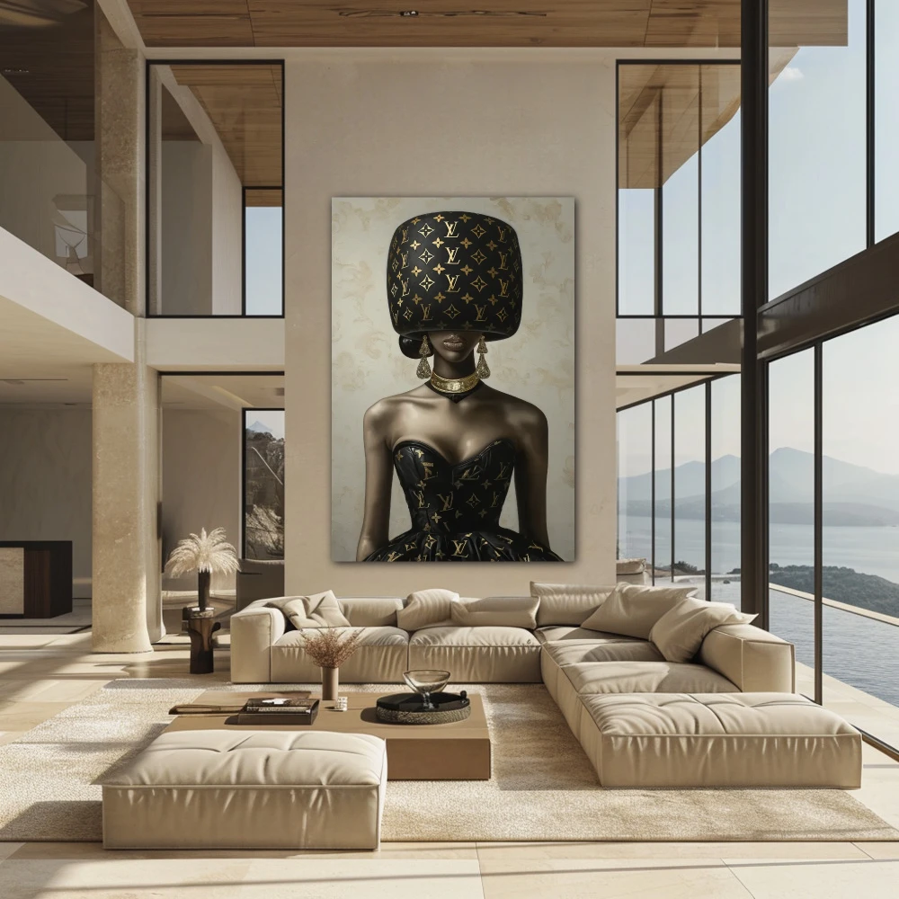 Wall Art titled: Masked Glamour in a Vertical format with: and Brown Colors; Decoration the Above Couch wall