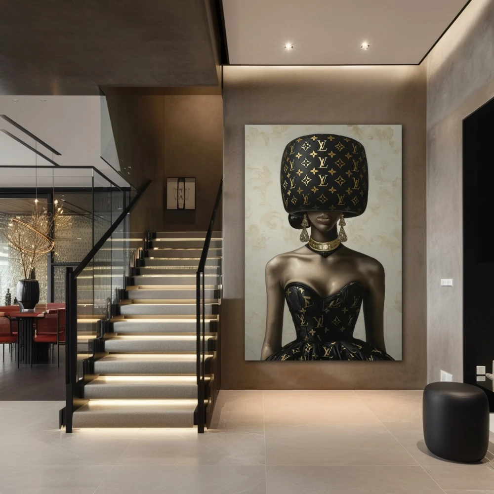 Wall Art titled: Masked Glamour in a Vertical format with: and Brown Colors; Decoration the Staircase wall