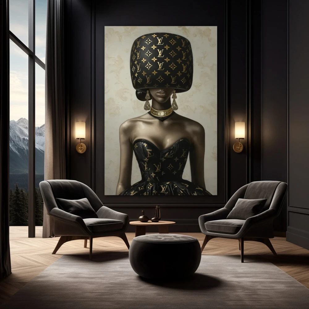 Wall Art titled: Masked Glamour in a Vertical format with: and Brown Colors; Decoration the Black Walls wall