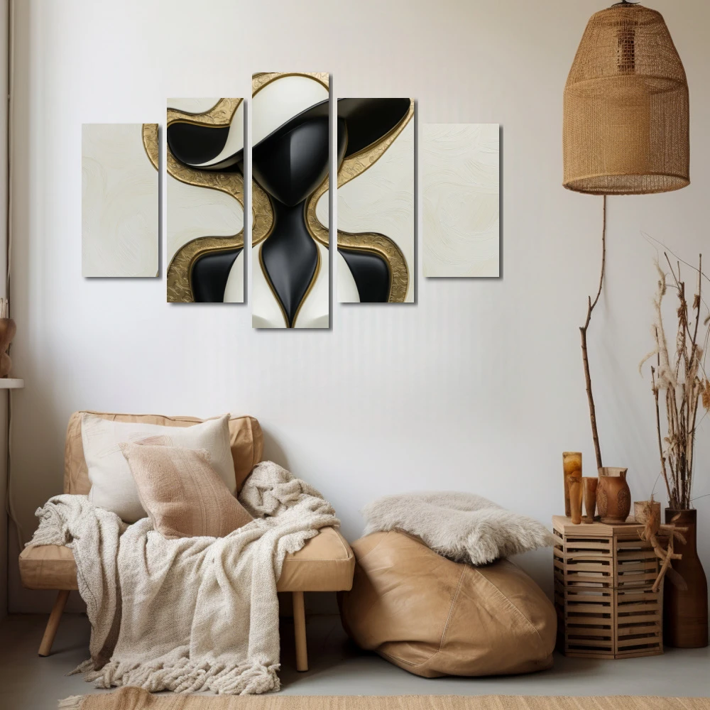 Wall Art titled: Refined Duality in a Horizontal format with: white, and Golden Colors; Decoration the Beige Wall wall