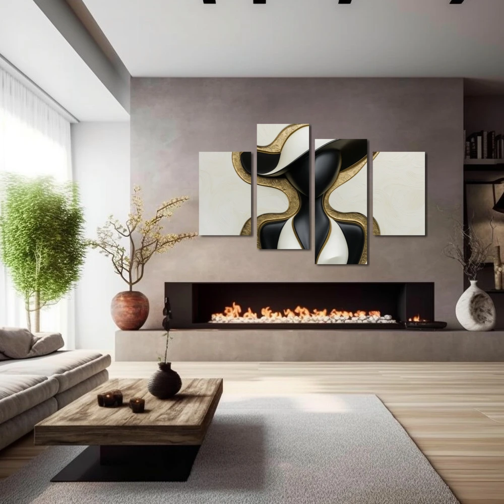 Wall Art titled: Refined Duality in a Horizontal format with: white, and Golden Colors; Decoration the Fireplace wall