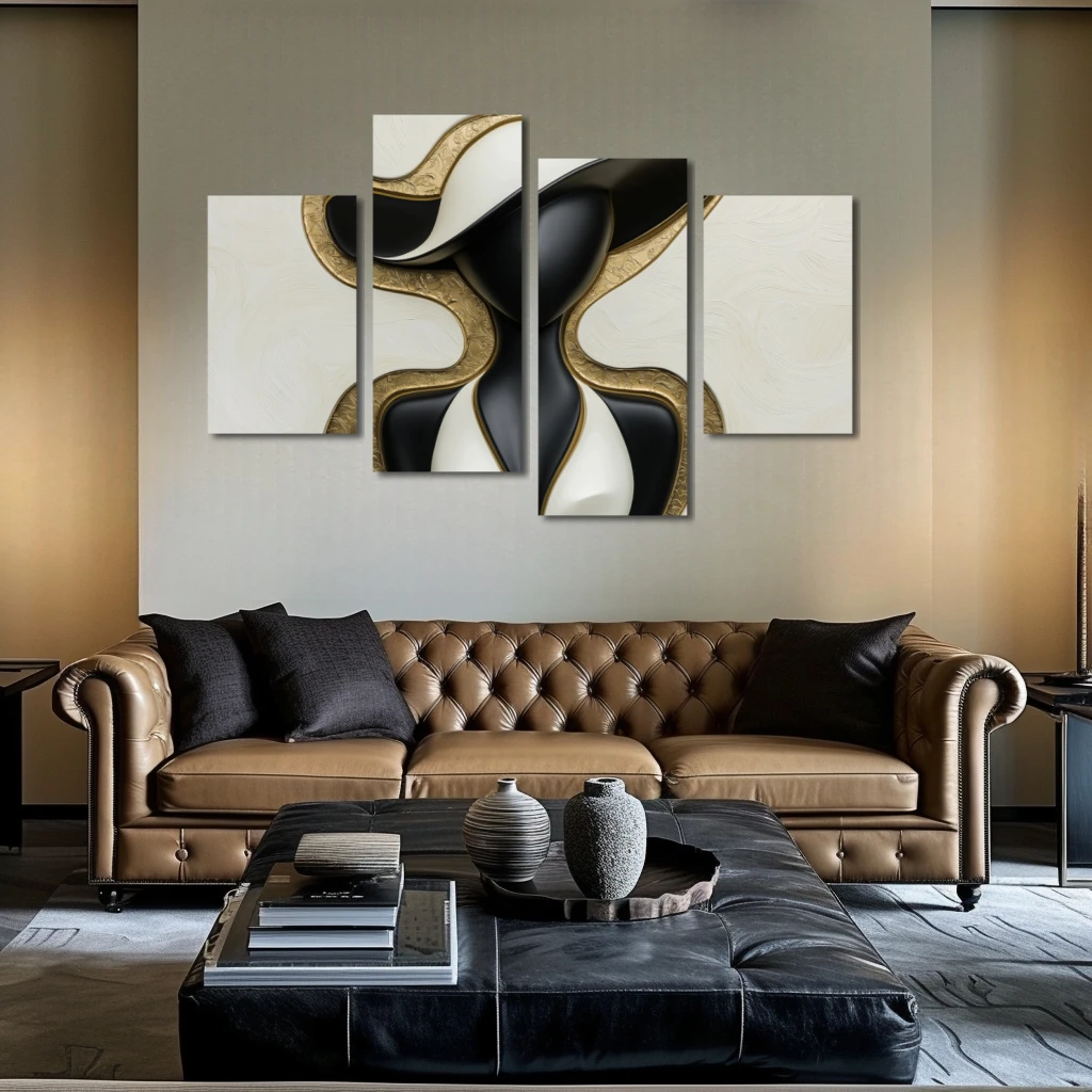 Wall Art titled: Refined Duality in a Horizontal format with: white, and Golden Colors; Decoration the Above Couch wall