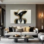 Wall Art titled: Refined Duality in a Horizontal format with: white, and Golden Colors; Decoration the Living Room wall