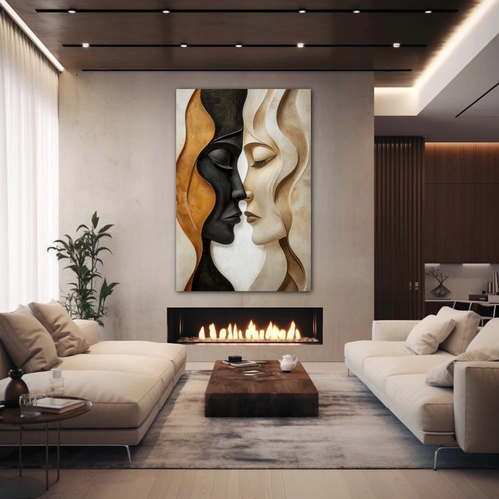 Wall Art titled: Emotional Symmetry in a Vertical format with: Golden, Brown, and Beige Colors; Decoration the Fireplace wall