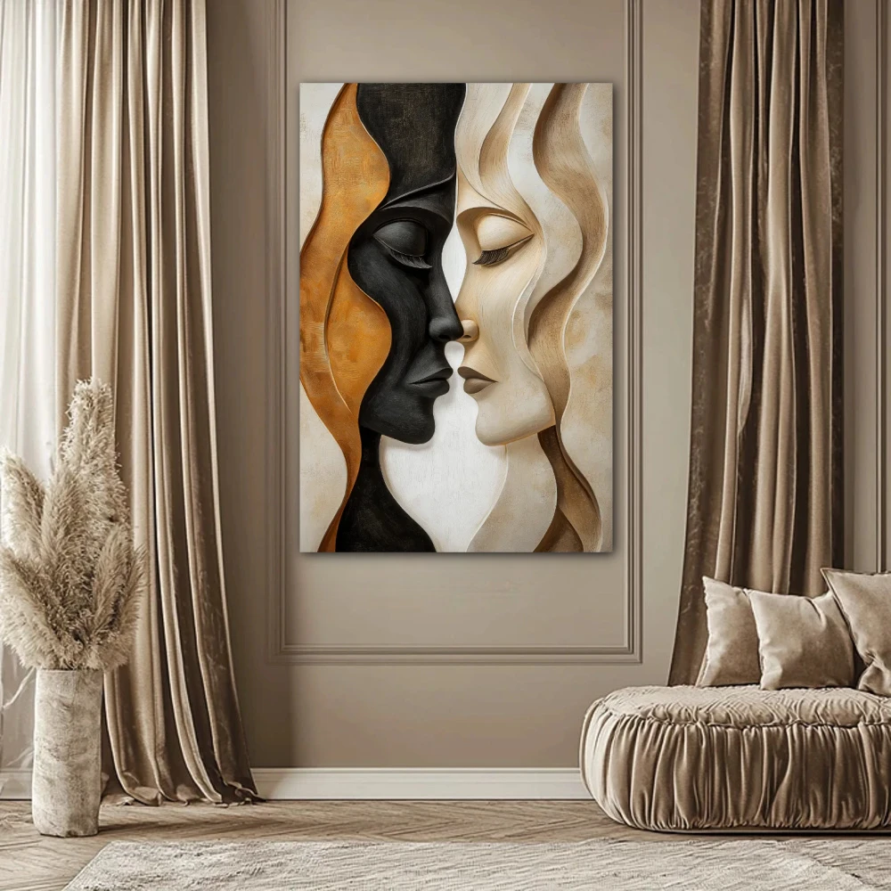 Wall Art titled: Emotional Symmetry in a Vertical format with: Golden, Brown, and Beige Colors; Decoration the Bedroom wall