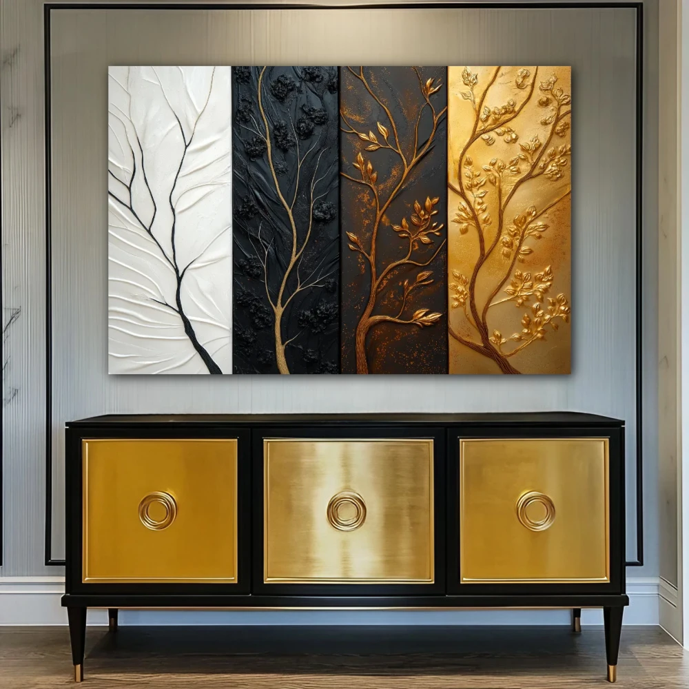 Wall Art titled: Contrasts of Time in a Horizontal format with: white, Golden, Brown, and Black Colors; Decoration the Sideboard wall