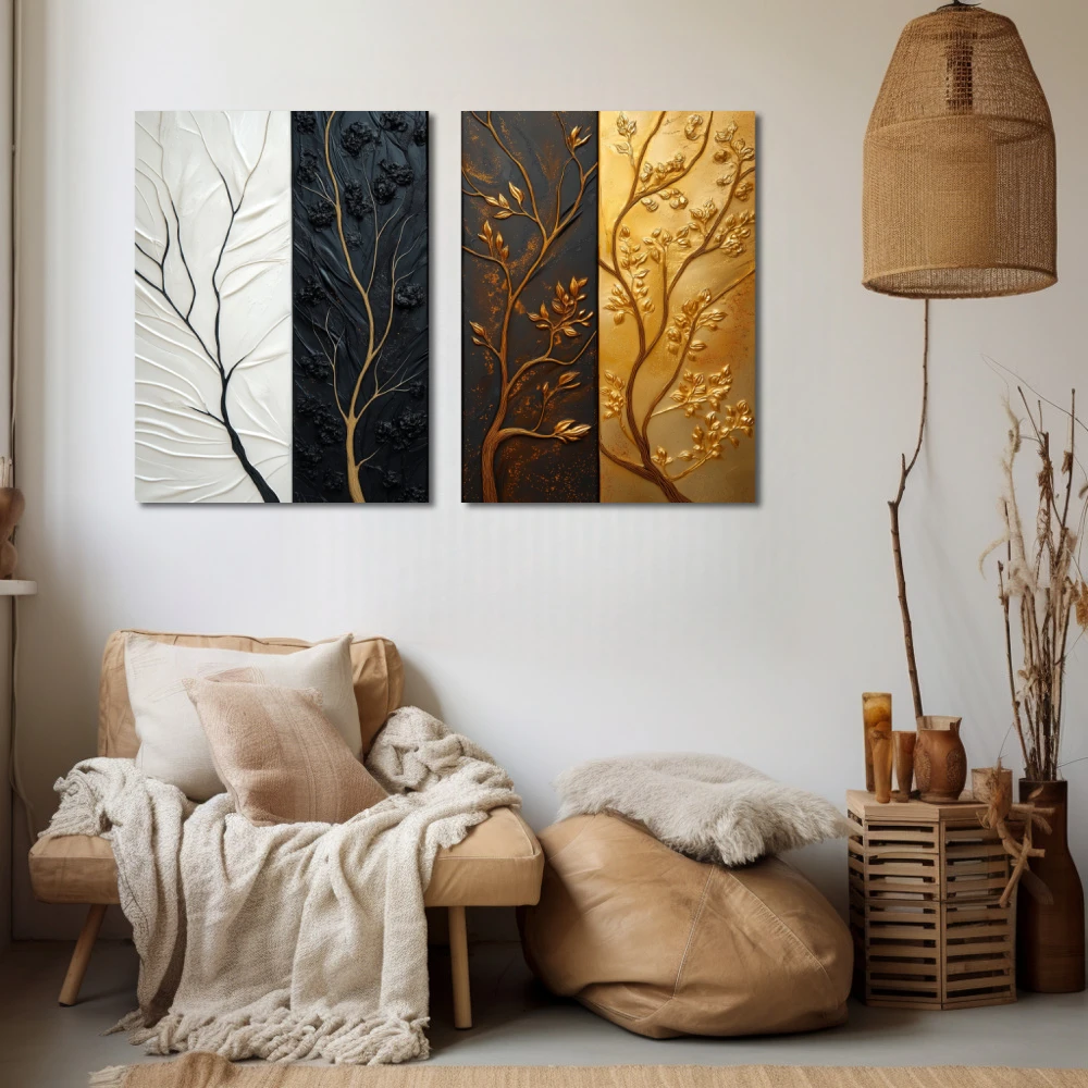 Wall Art titled: Contrasts of Time in a Horizontal format with: white, Golden, Brown, and Black Colors; Decoration the Beige Wall wall