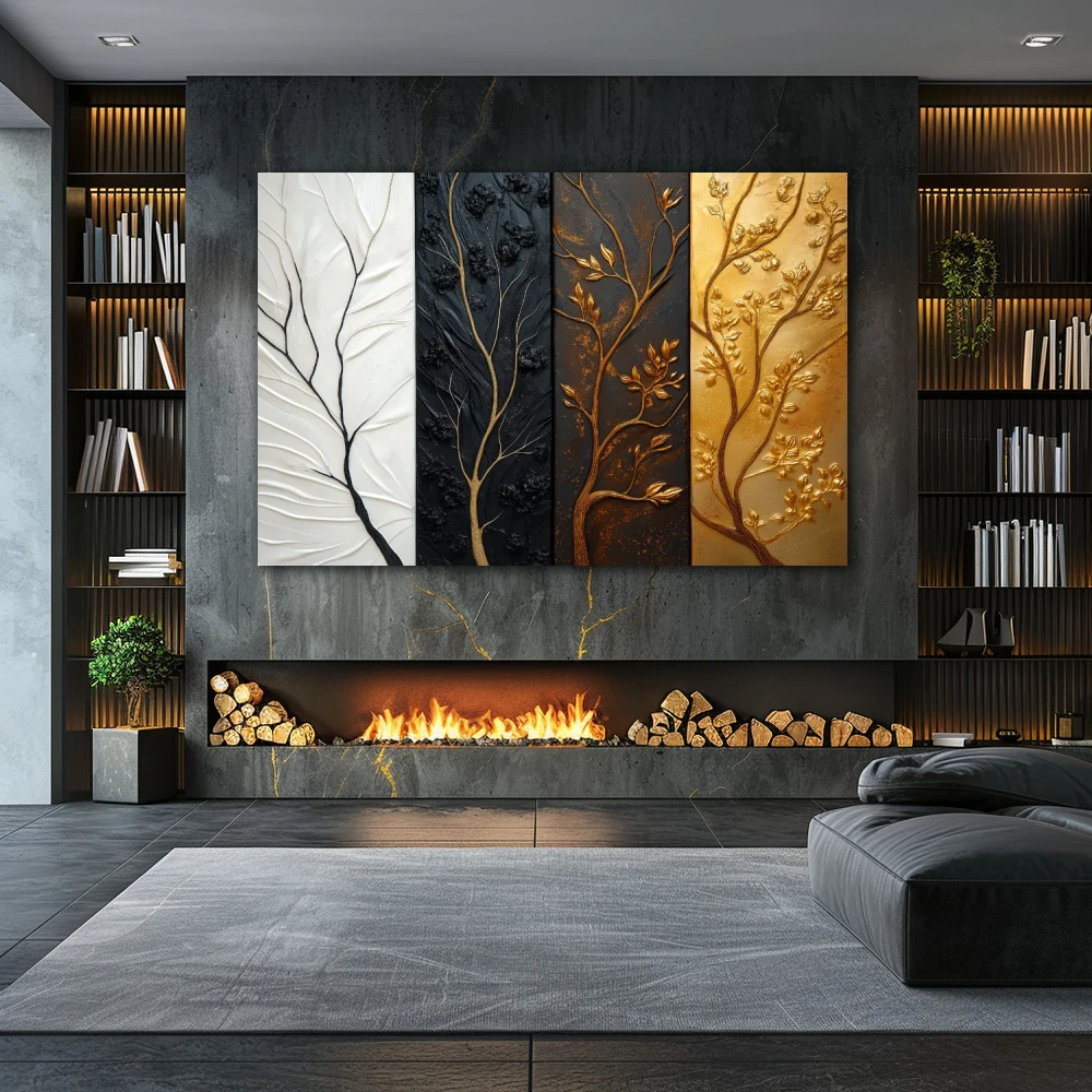 Wall Art titled: Contrasts of Time in a Horizontal format with: white, Golden, Brown, and Black Colors; Decoration the Fireplace wall