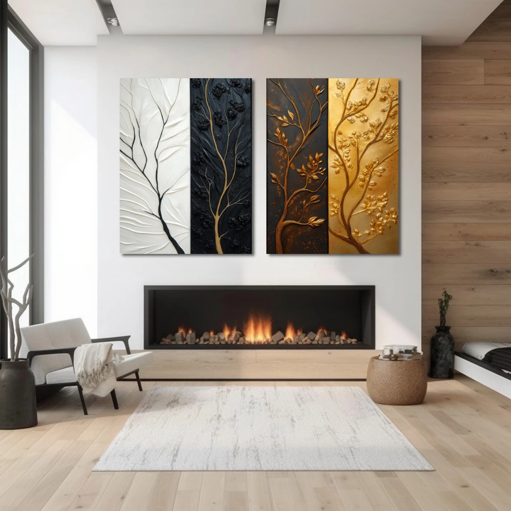 Wall Art titled: Contrasts of Time in a Horizontal format with: white, Golden, Brown, and Black Colors; Decoration the Fireplace wall