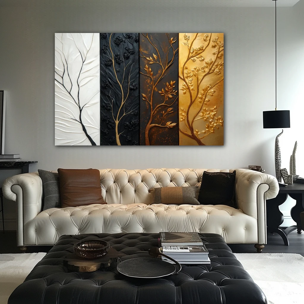 Wall Art titled: Contrasts of Time in a Horizontal format with: white, Golden, Brown, and Black Colors; Decoration the Above Couch wall