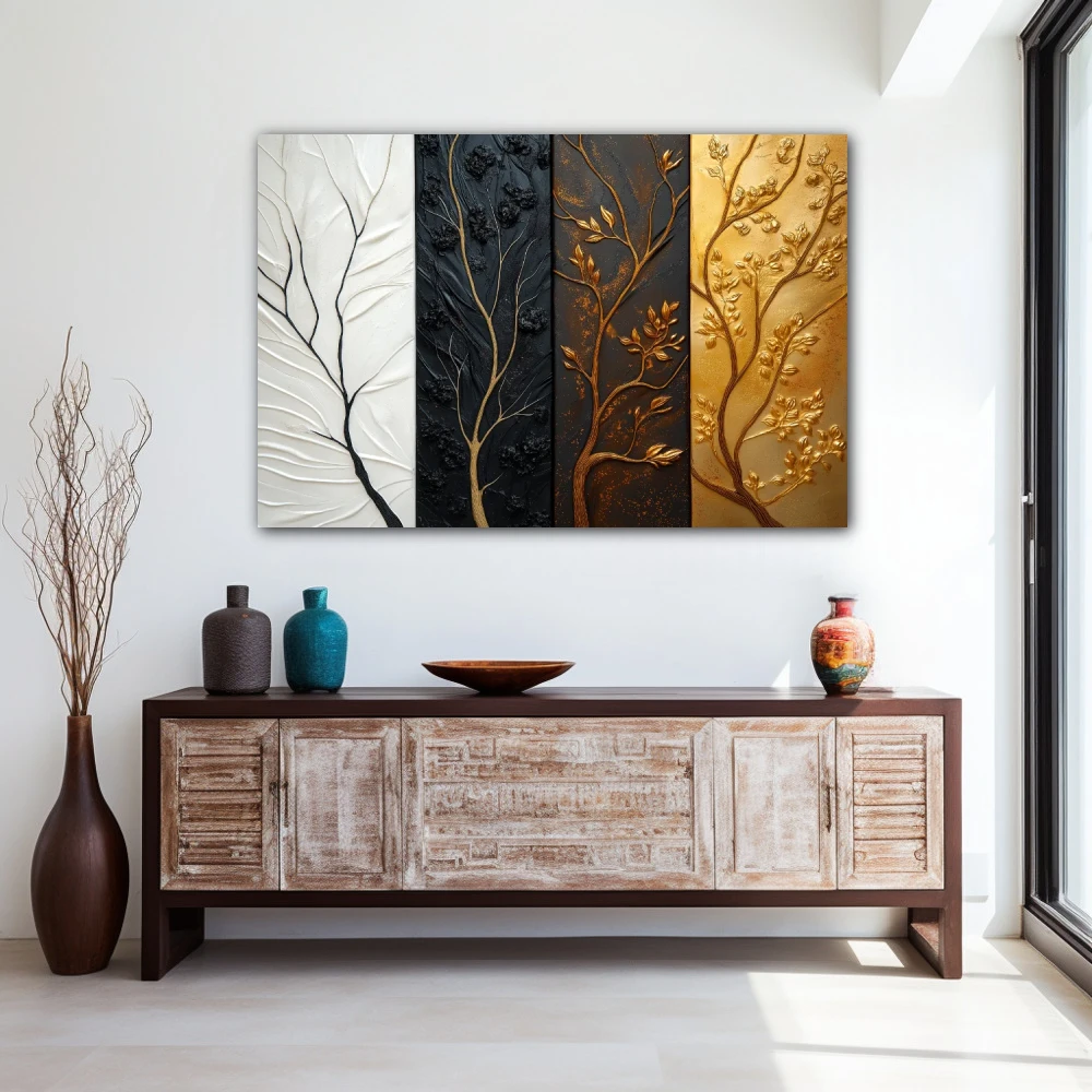 Wall Art titled: Contrasts of Time in a Horizontal format with: white, Golden, Brown, and Black Colors; Decoration the Entryway wall