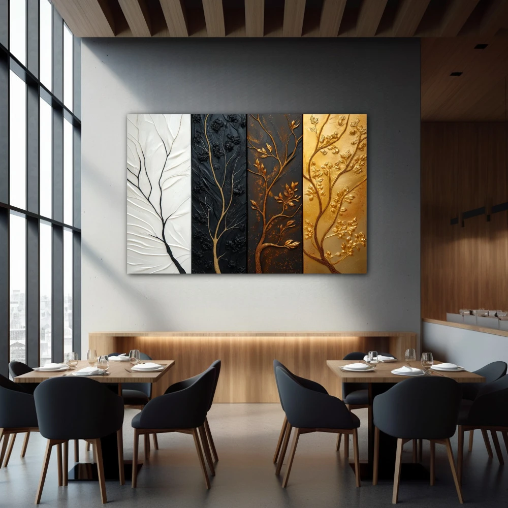 Wall Art titled: Contrasts of Time in a Horizontal format with: white, Golden, Brown, and Black Colors; Decoration the Restaurant wall