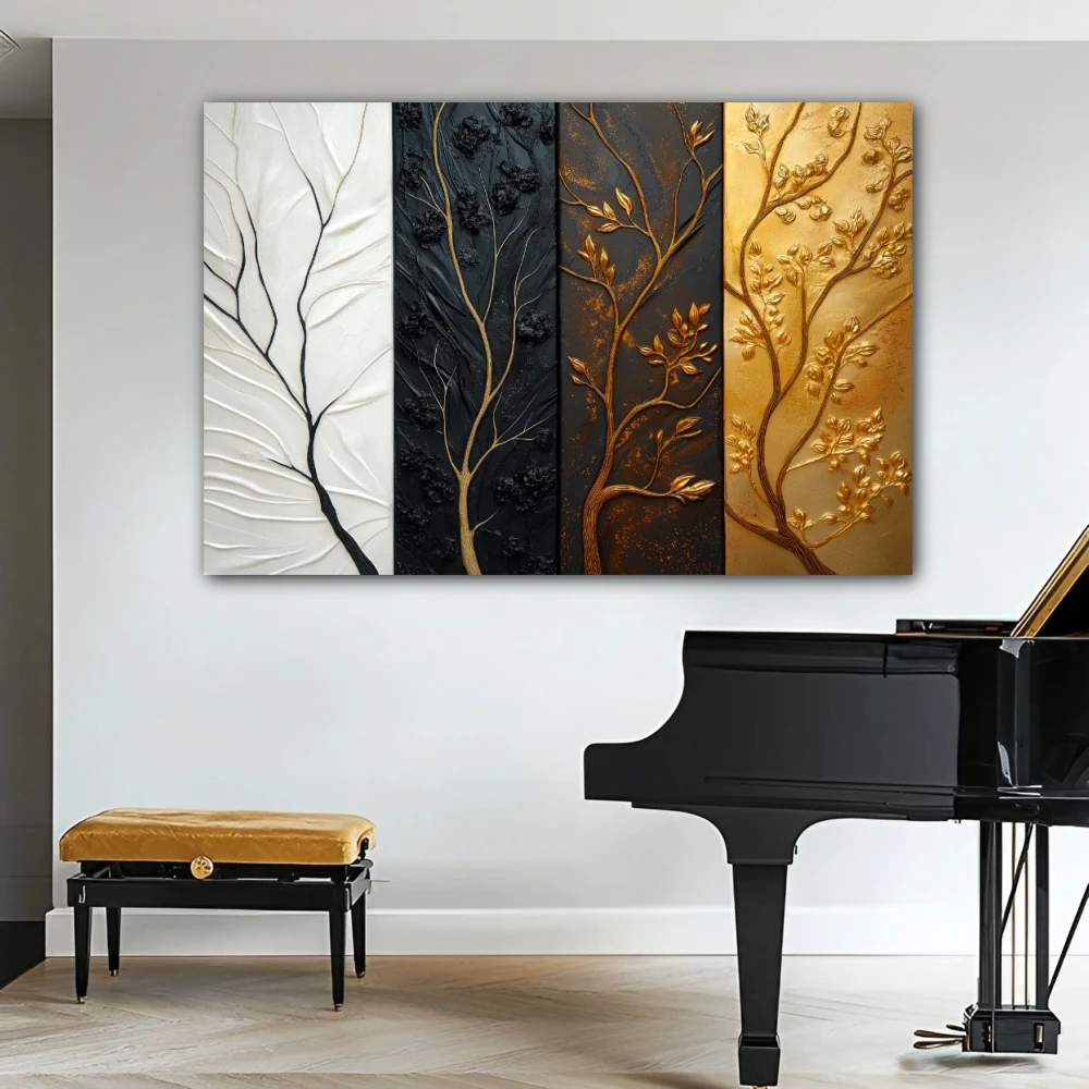 Wall Art titled: Contrasts of Time in a Horizontal format with: white, Golden, Brown, and Black Colors; Decoration the Living Room wall