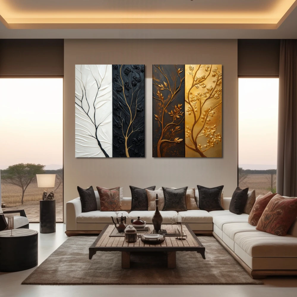 Wall Art titled: Contrasts of Time in a Horizontal format with: white, Golden, Brown, and Black Colors; Decoration the Living Room wall