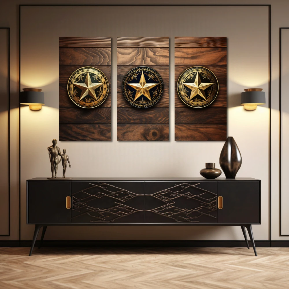 Cuadro mis 3 estrellas en formato tríptico con colores dorado, marrón, negro; decorando pared de aparador