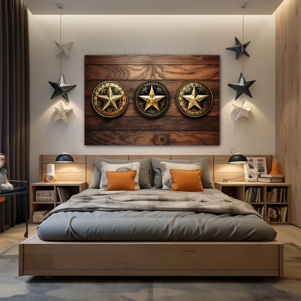 Cuadro mis 3 estrellas en formato horizontal con colores dorado, marrón, negro; decorando pared de dormitorio juvenil