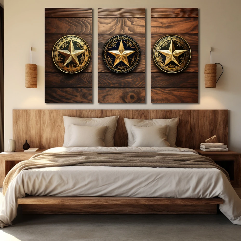Cuadro mis 3 estrellas en formato tríptico con colores dorado, marrón, negro; decorando pared de habitación dormitorio