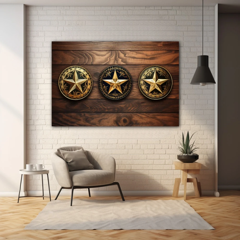 Cuadro mis 3 estrellas en formato horizontal con colores dorado, marrón, negro; decorando pared ladrillos