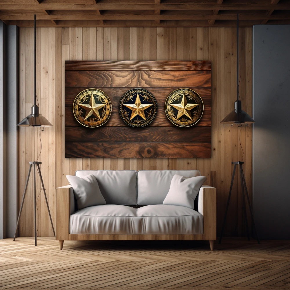 Cuadro mis 3 estrellas en formato horizontal con colores dorado, marrón, negro; decorando pared madera